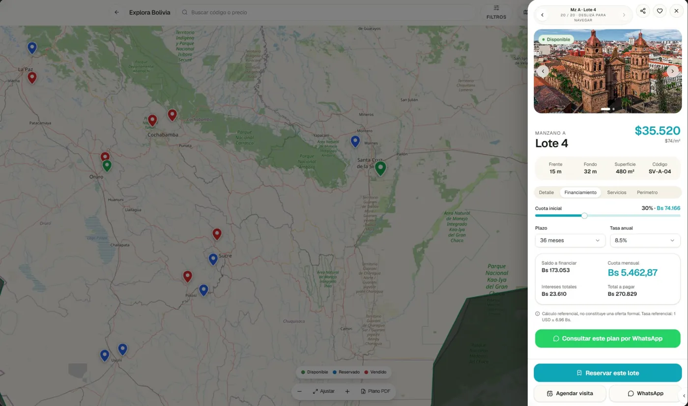 Mapa público de Lotify con pines por estado y ficha de lote con precio, superficie y simulador de financiamiento