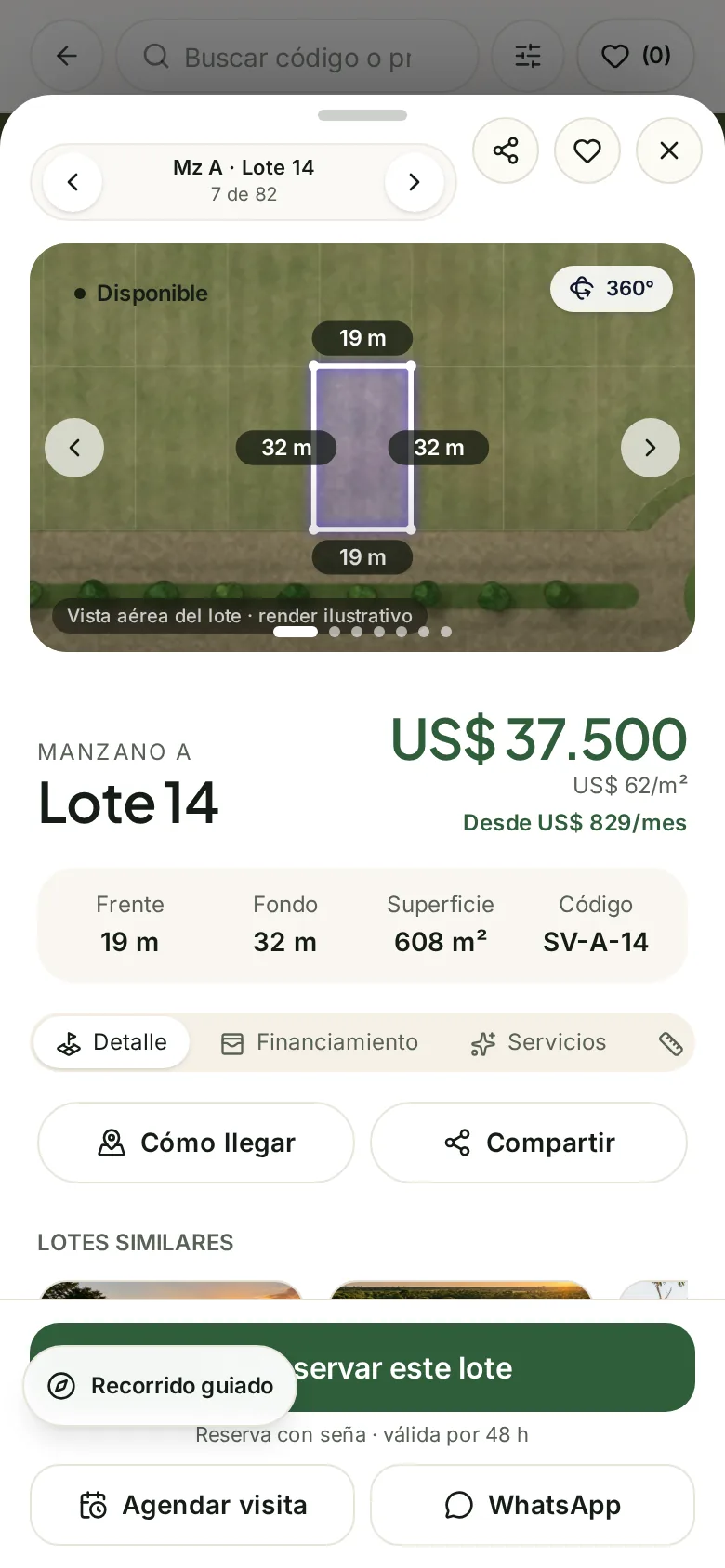 Mapa y ficha de lote de la demostración de Lotify
