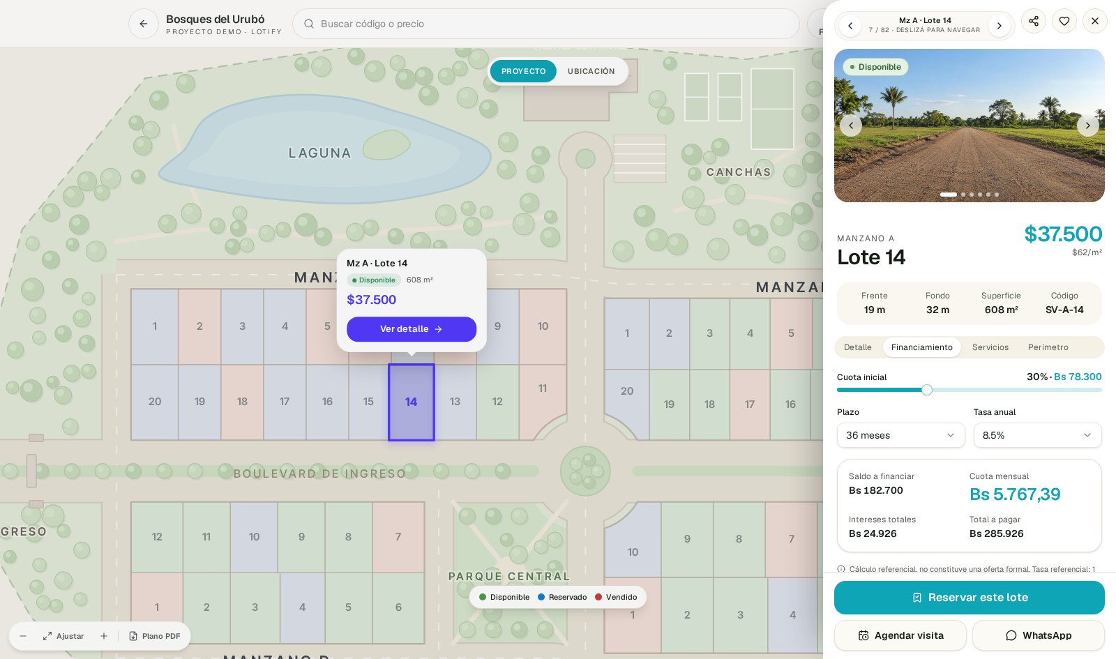 Masterplan interactivo de Lotify con el lote A-14 seleccionado y su ficha abierta en el simulador de financiamiento